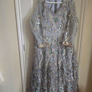 Heavy Embroidered Grey Formal Gown – Statement Piece, Worn Once